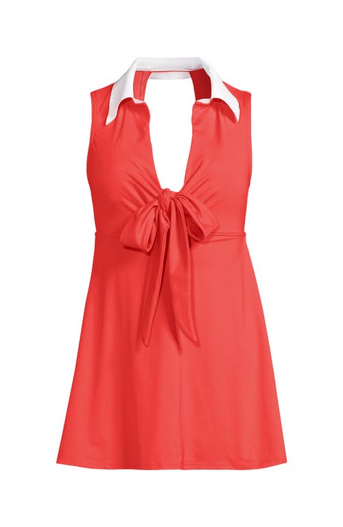 Lands' End Polo Collar Tie Front Swim Dress Swimsuit In Coral Bliss/white