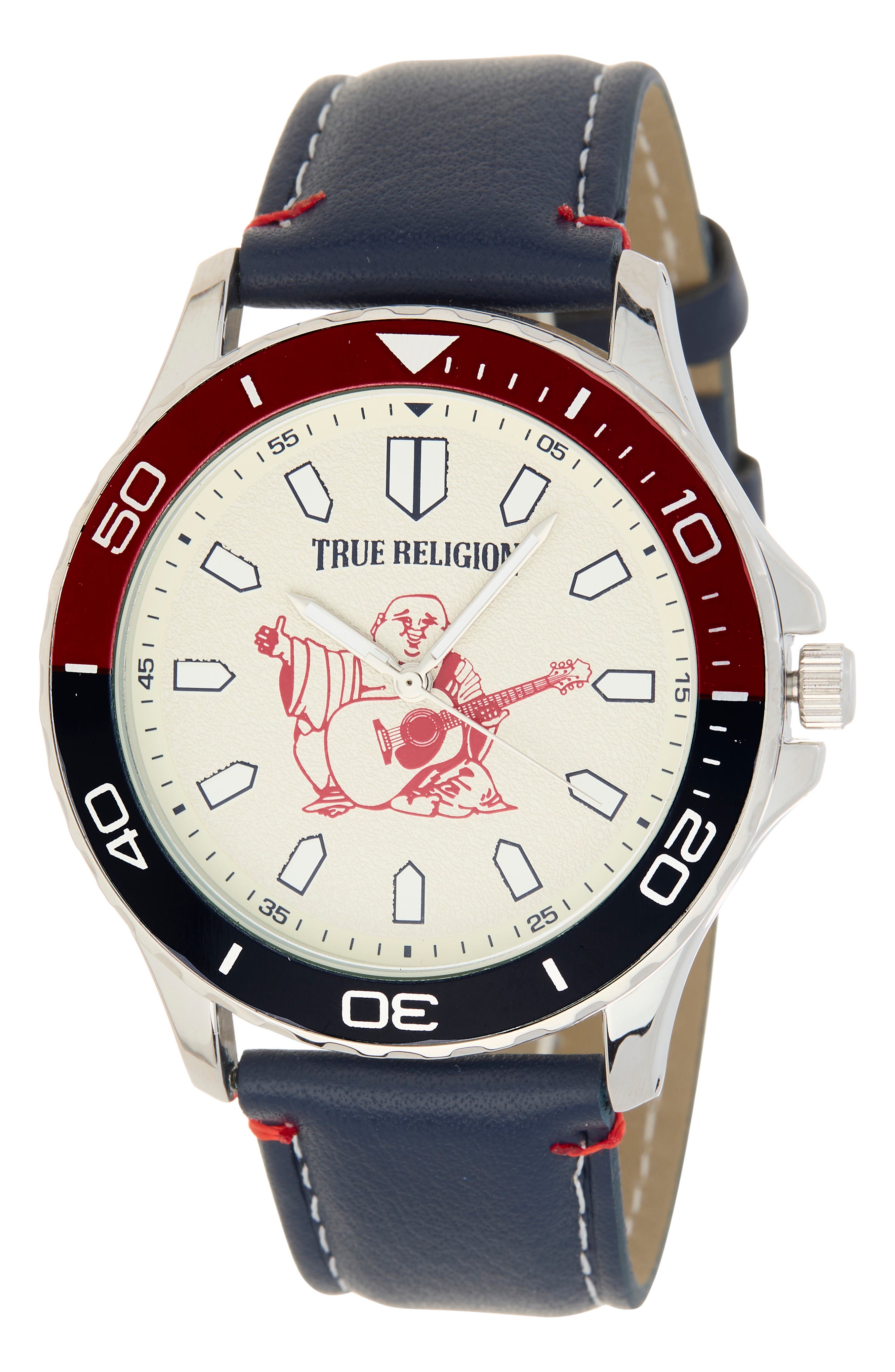 True Religion Logo Faux Leather Strap Watch, 43mm