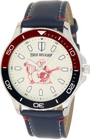 True Religion Logo Faux Leather Strap Watch, 43mm