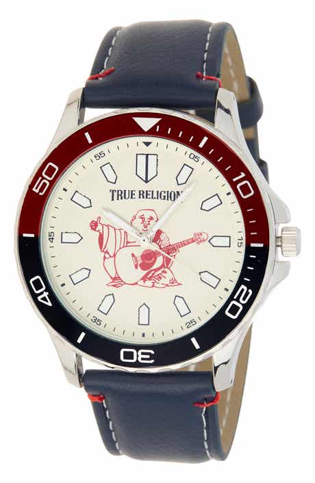 True Religion Logo Faux Leather Strap Watch, 43mm