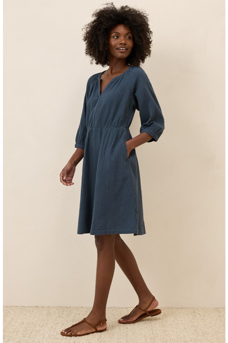 Organic Cotton Coastal Double Gauze Peasant Dress, Alternate, color, French Navy