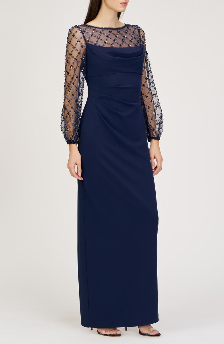 JS Collections Risha Metallic Floral Appliqué Detail Long Sleeve Crepe Column Gown, Alternate, color, Deep Navy