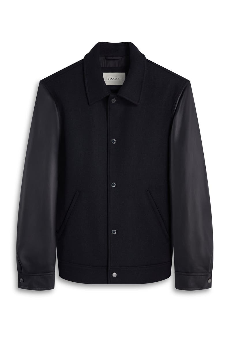 Leather Sleeve Tweed Jacket, Alternate, color, BLACK