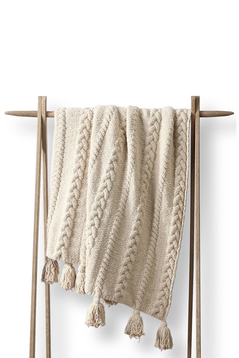 Braided Pom Pom Throw Blanket, Main, color, SAHARA TAN