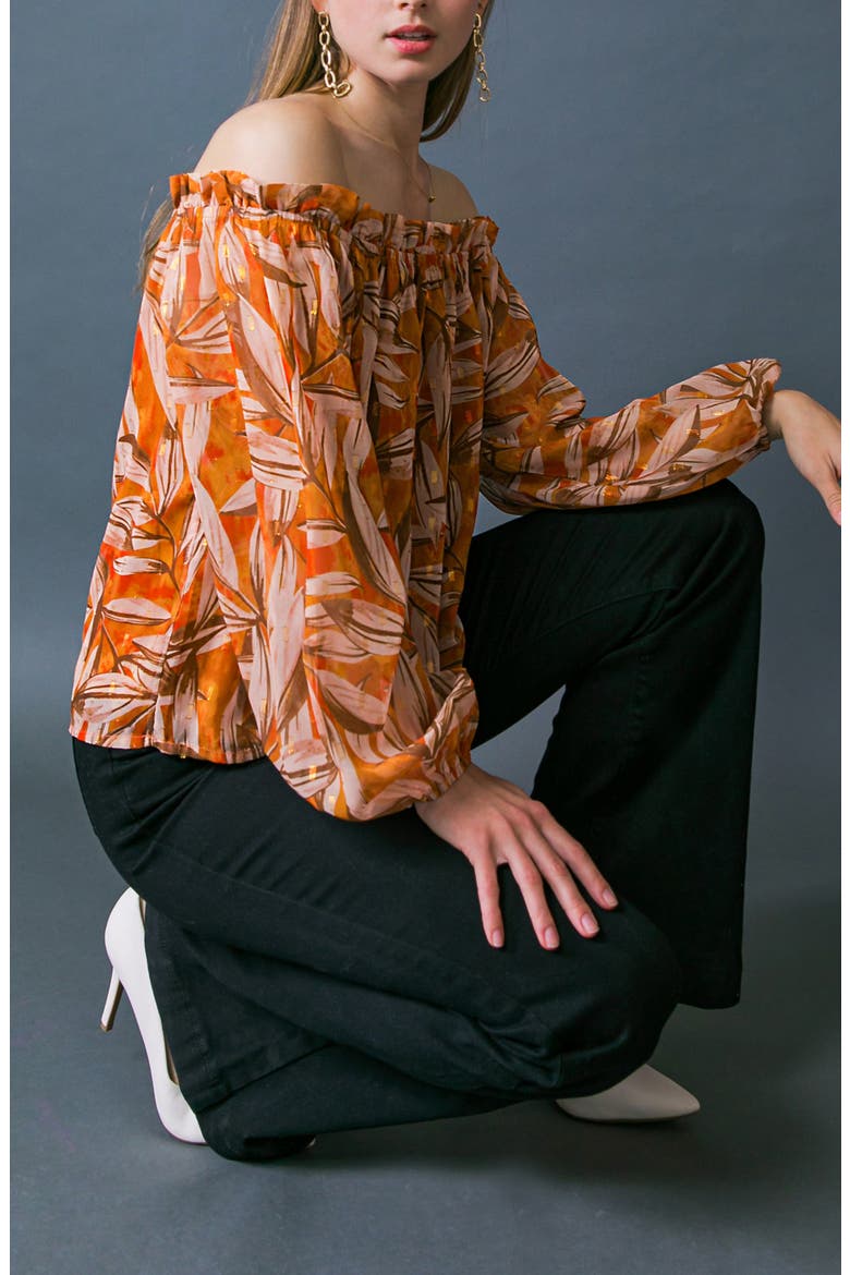 Print Off the Shoulder Top, Alternate, color, ORANGE BROWN