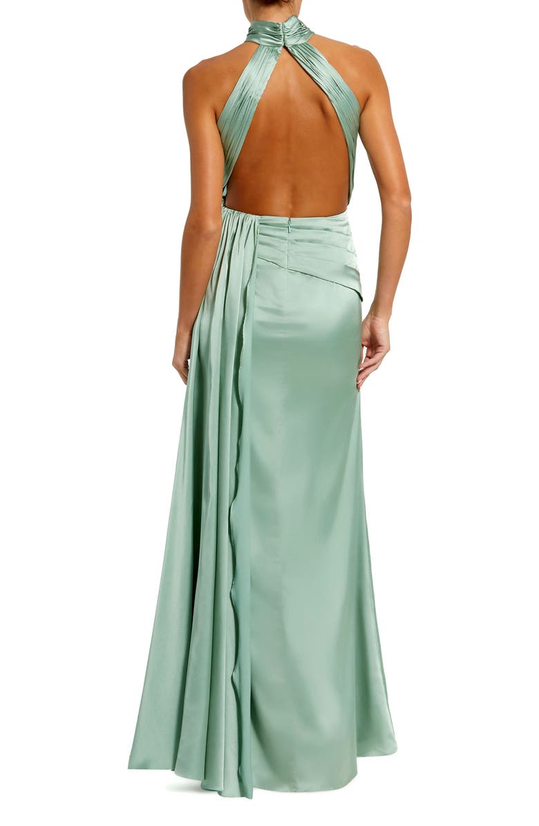 Mac Duggal High Neck Satin Dress with Open Back, Alternate, color, Sage
