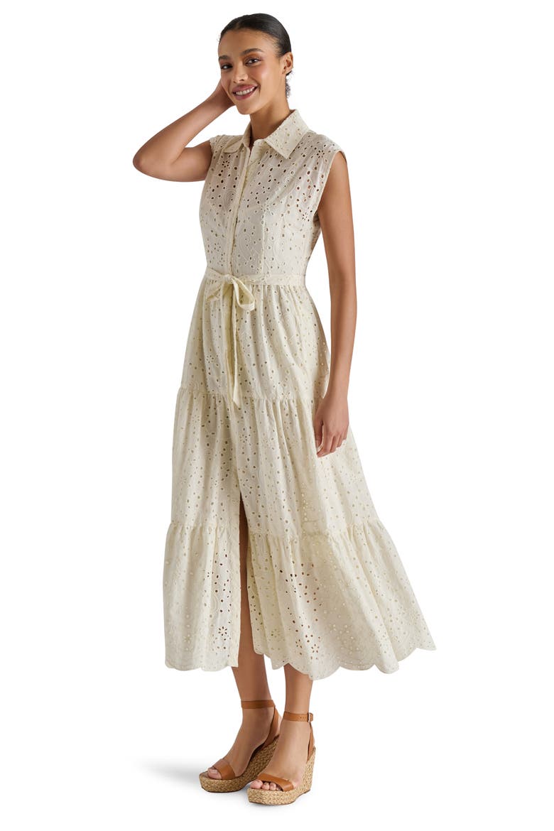 Clover Embroidered Eyelet Sleeveless Tiered Shirtdress, Alternate, color, MARSHMALLOW
