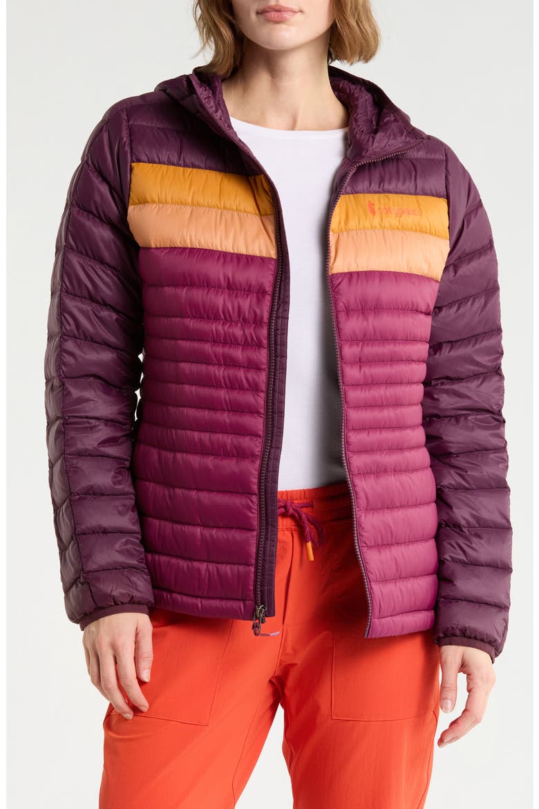Fuego 800-Fill-Power Down Hooded Jacket, Main, color, BLACKBERRY AND JAM