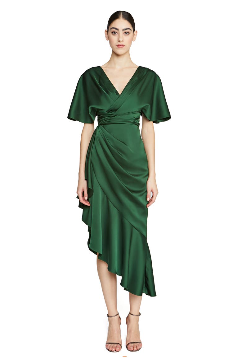 Gwen Ruffle Asymmetric Hem Elbow Sleeve Satin Faux Wrap Dress, Alternate, color, THORN