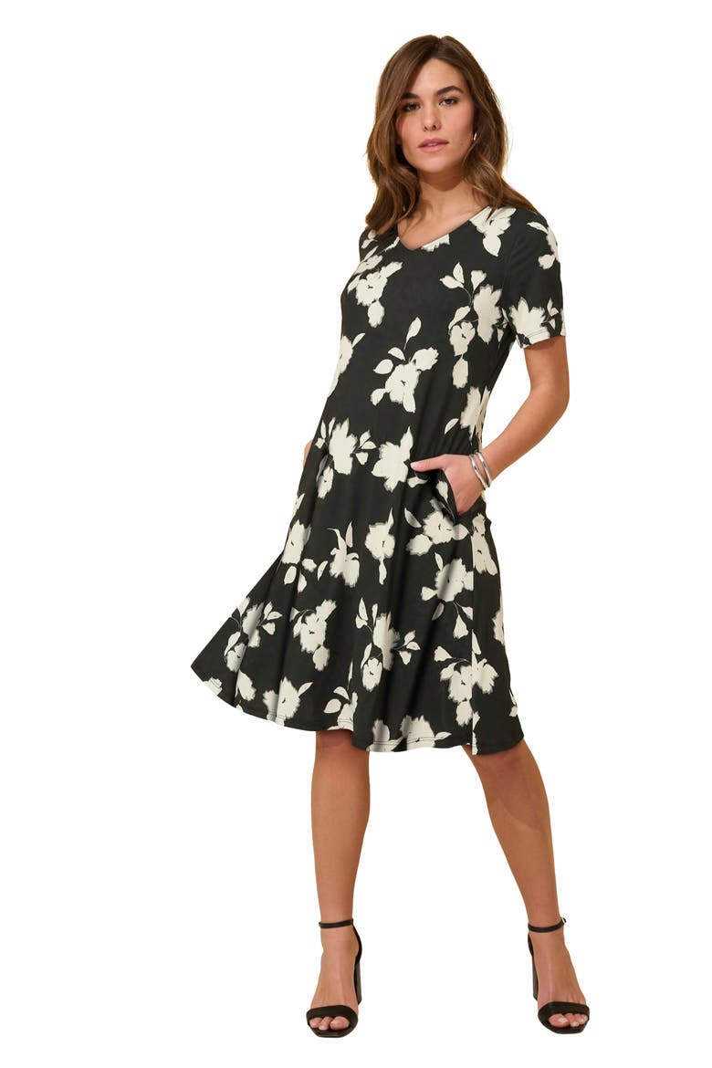 Plus Size Stretch Knit Pocket Swing Dress, Main, color, BLACK SILHOUETTE FLORAL