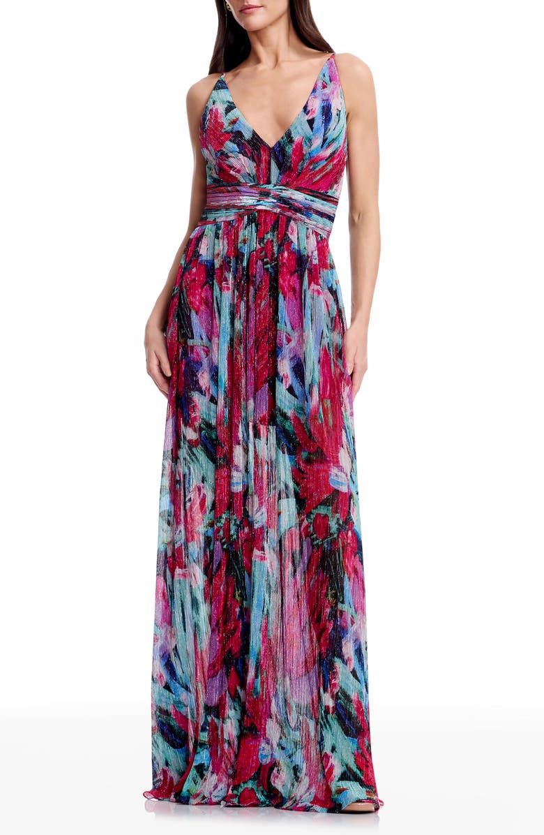 Dress the Population Taylor Metallic Floral Plissé Gown, Main, color, Bright Fuchsia Multi