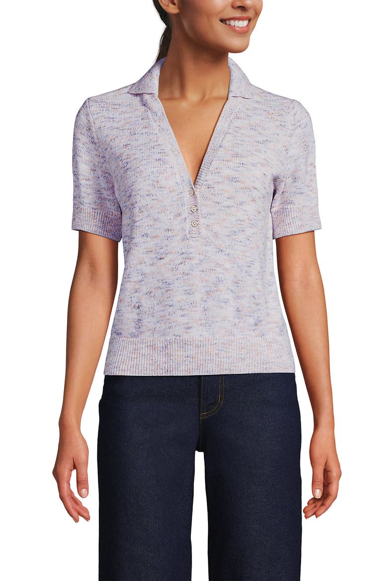 Cotton Blend Short Sleeve Polo Sweater, Alternate, color, Sunset Sorbet Space Dye