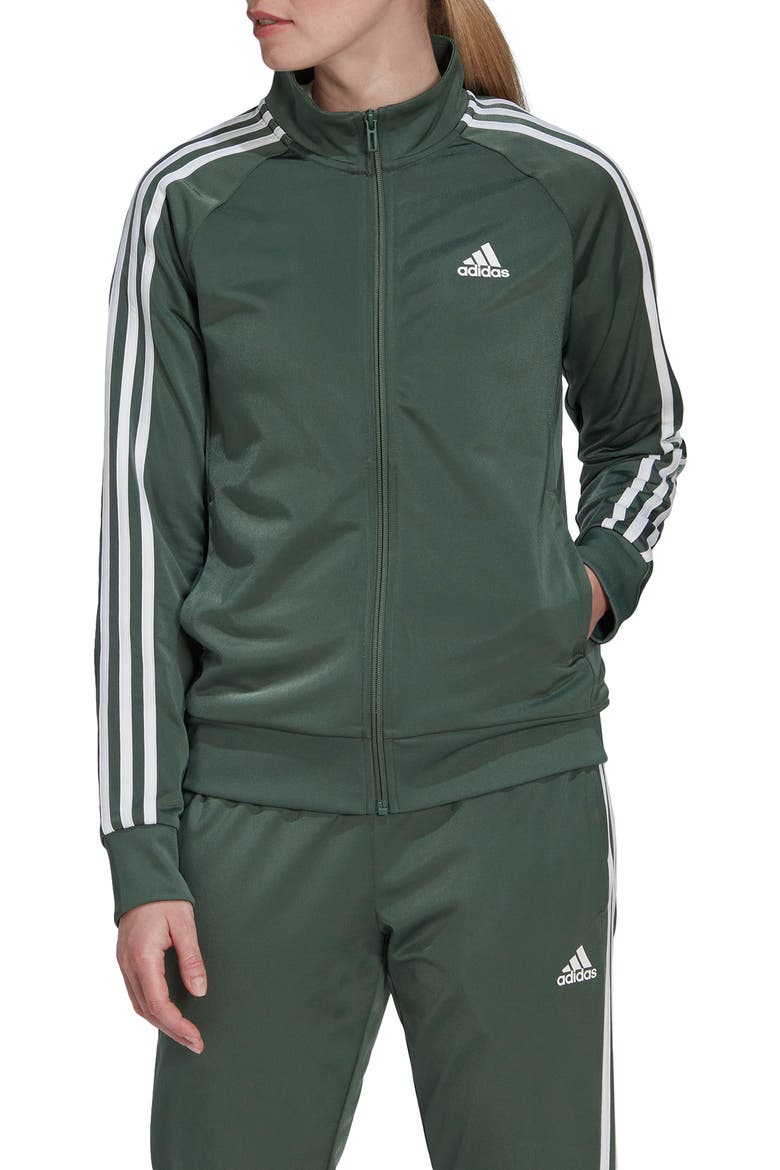 Warm-Pp Tricot Slim 3-Stripes Track Jacket, Main, color, GREEN OXIDE/ WHITE