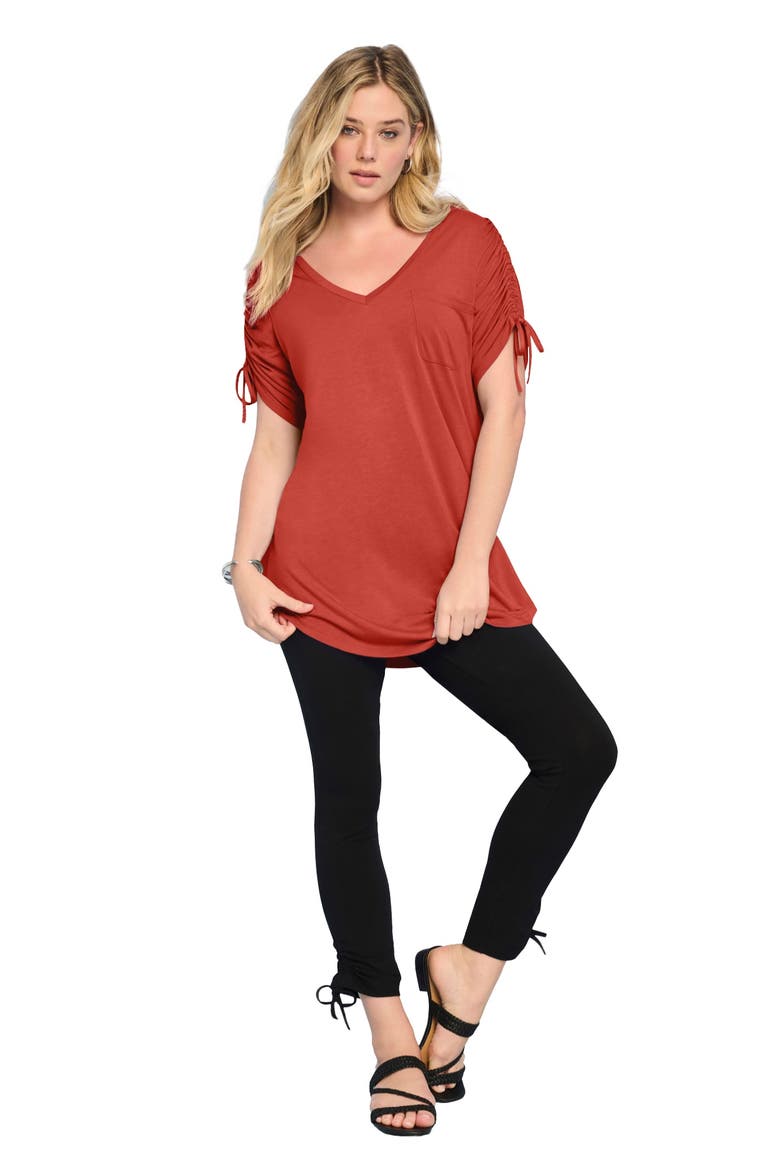 Plus Size Ruched Sleeve Ultra Drape Tunic, Main, color, BURNT RED