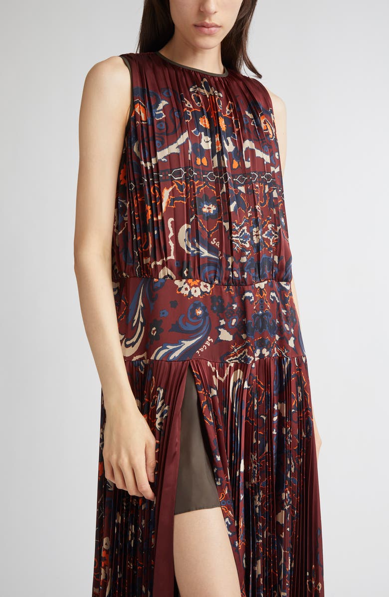 Sacai Floral Sleeveless Gathered & Pleated Dress, Alternate, color, Bordeaux