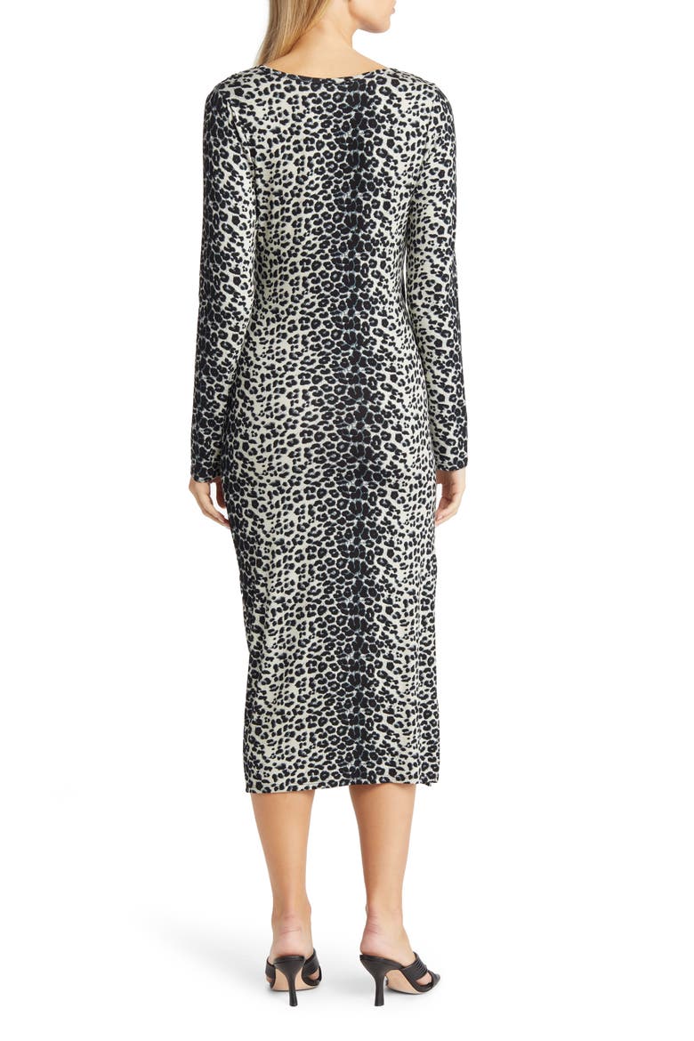 Leopard Print Ruched Faux Wrap Midi Dress, Alternate, color, GRAY BLACK