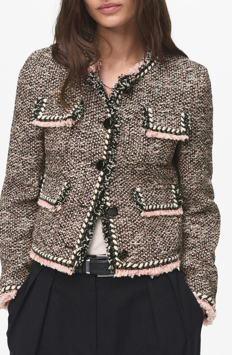 MANGO Button Front Tweed Jacket, Main, color, Black