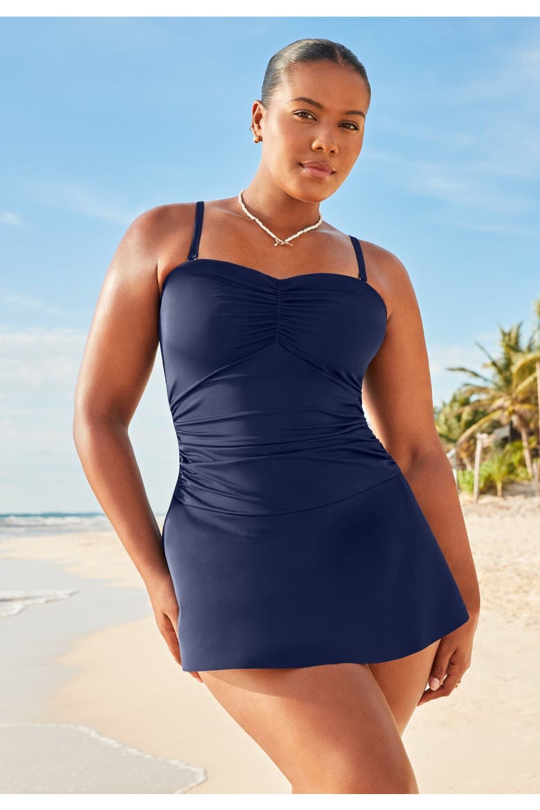 Sweetheart Ruffle Bandeau Swimdress, Alternate, color, Navy
