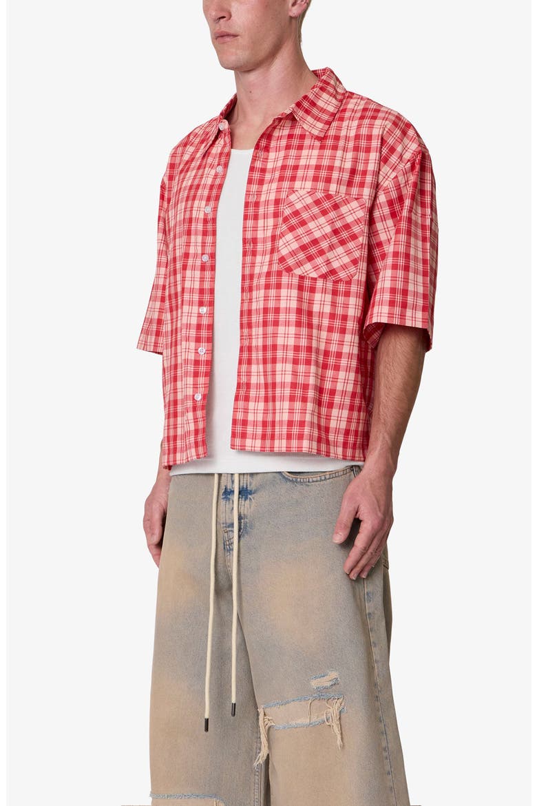Plaid Crop Short Sleeve Cotton Flannel Button-Up Shirt, Alternate, color, RED