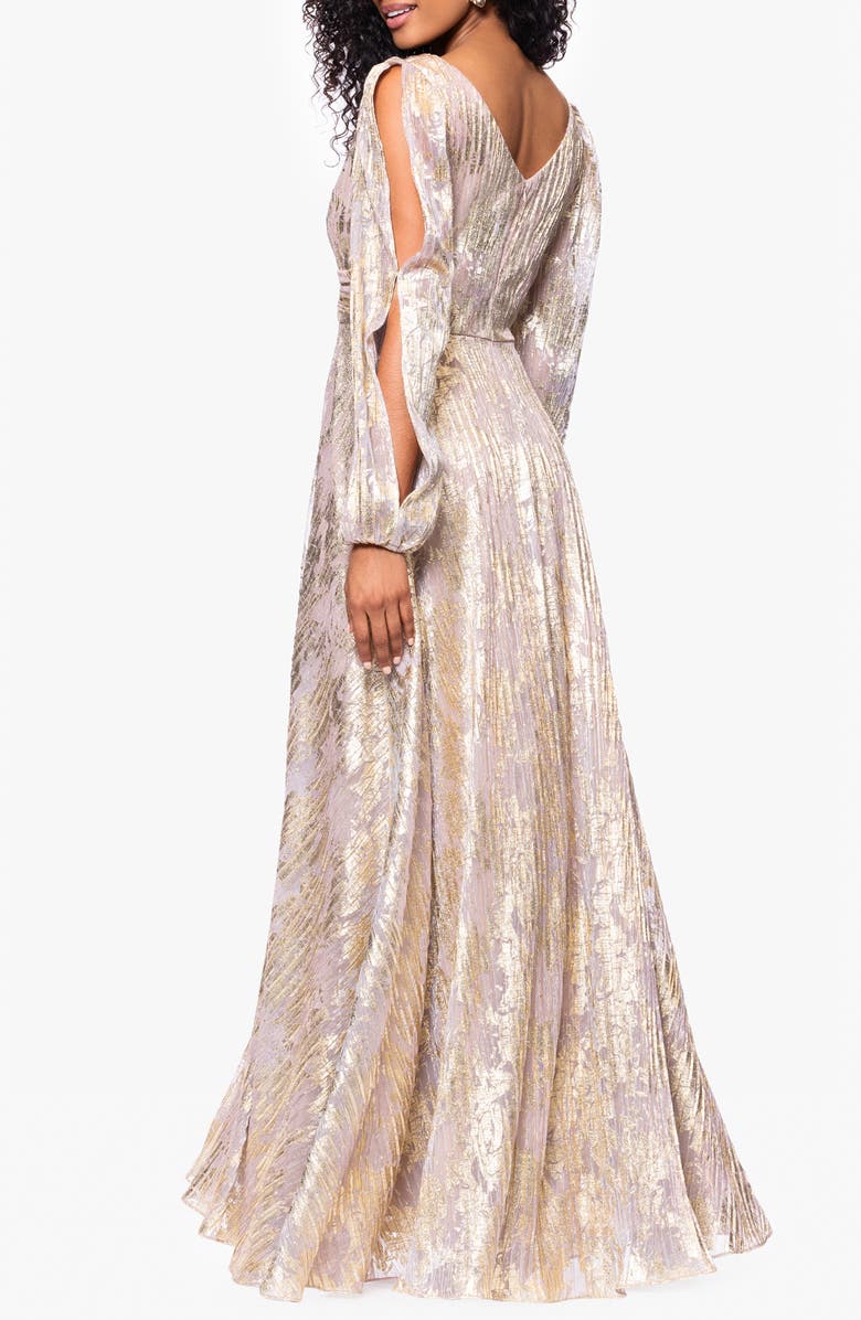 Betsy & Adam Metallic Crinkle Print Long Sleeve A-Line Gown, Alternate, color, White/ Pink/ Gold