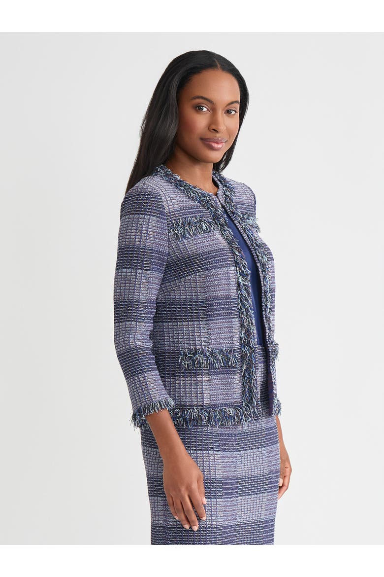 Heritage Plaid Fringe Trim Knit Jacket, Alternate, color, Blue/Sangria/Black