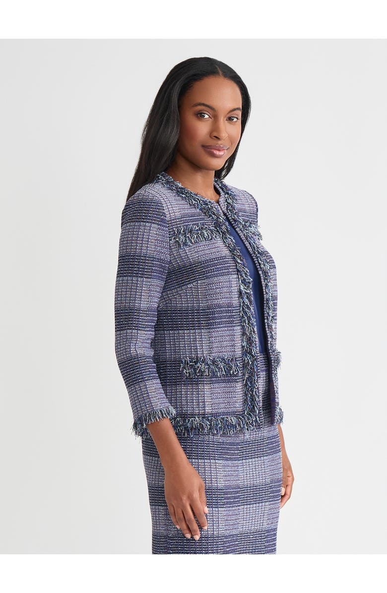 Misook Heritage Plaid Fringe Trim Knit Jacket, Alternate, color, Blue/Sangria/Black