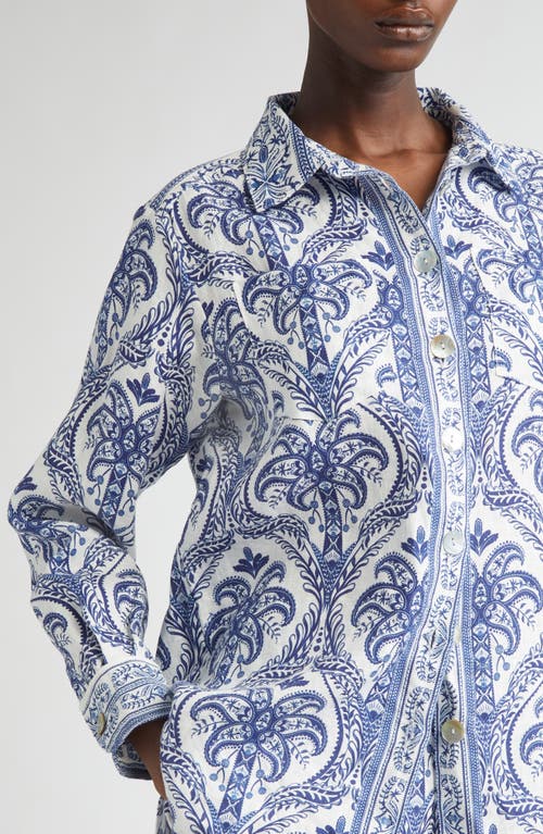 Shop Farm Rio Tropical Print Linen Blend Button-up Shirt In Off-white