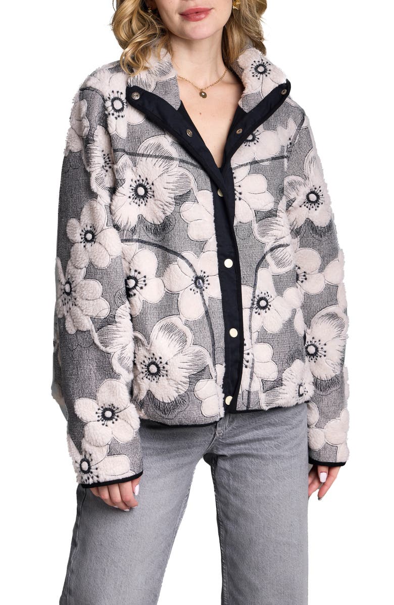 SAACHI Faux Shearling Floral Appliqué Jacket, Main, color, White