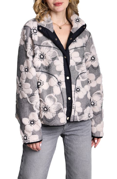 Faux Shearling Floral Appliqué Jacket