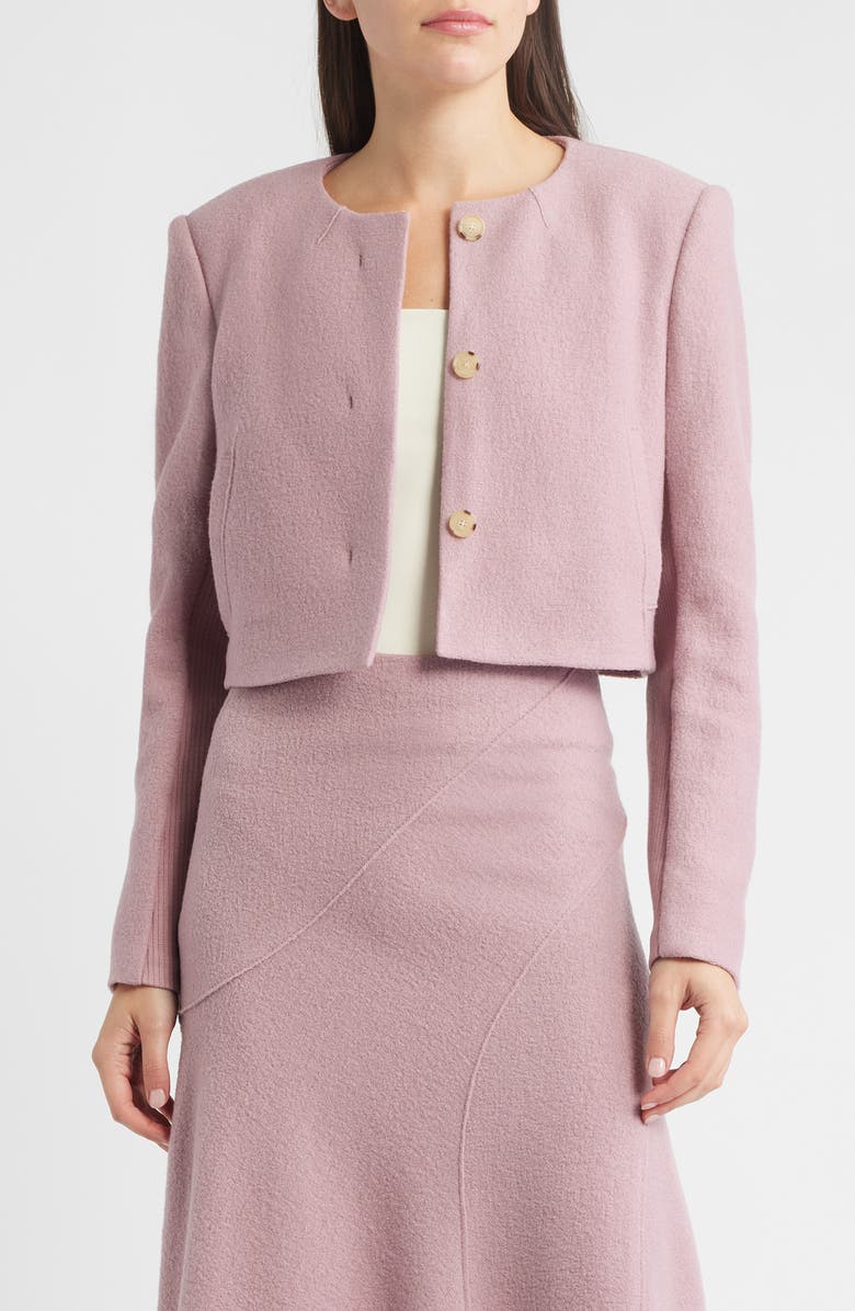 BOSS Jicena Mixed Media Virgin Wool Crop Jacket, Main, color, Rose Haze