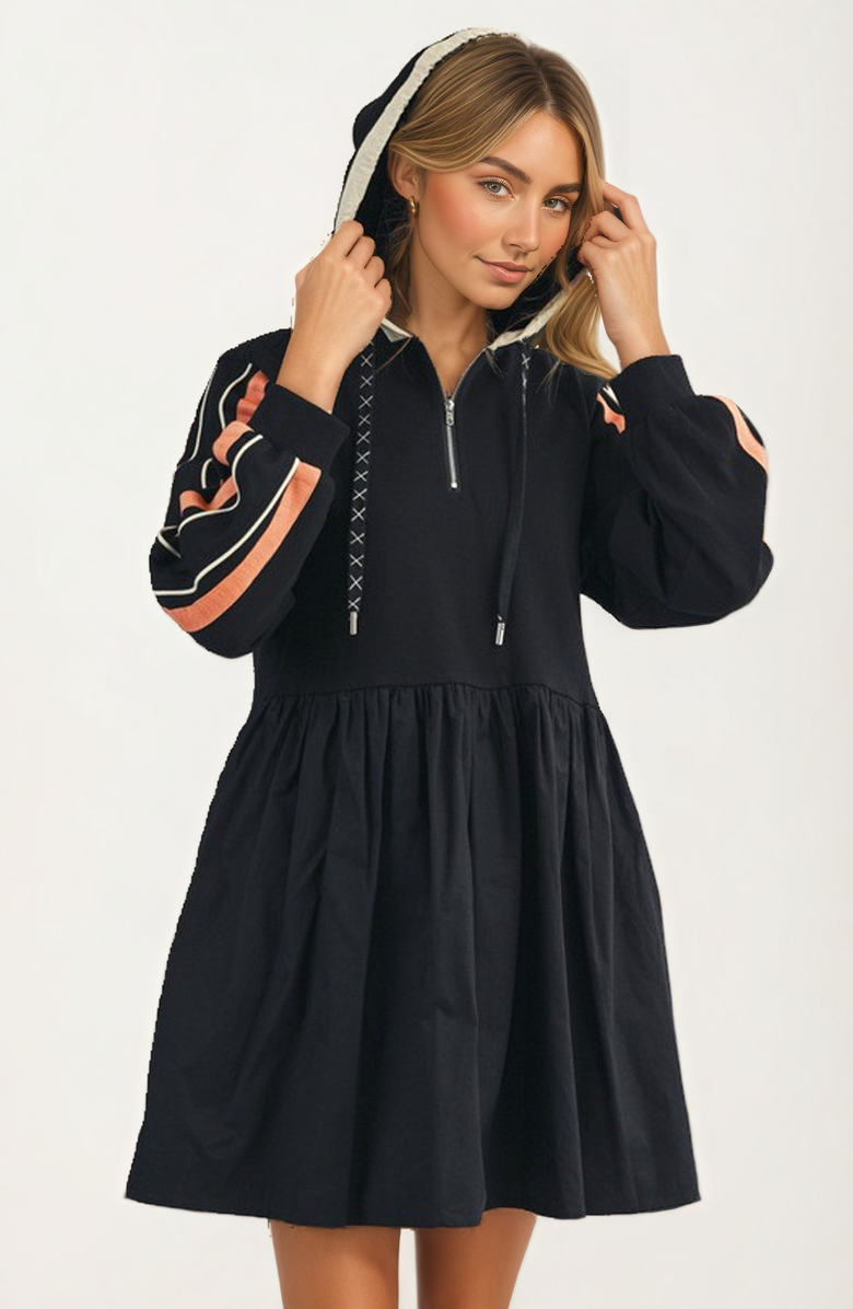 Knit and Lounge Sporty Hoodie Mini Dress with Half Zip and Contrast Sleeve Stripes, Main, color, Black