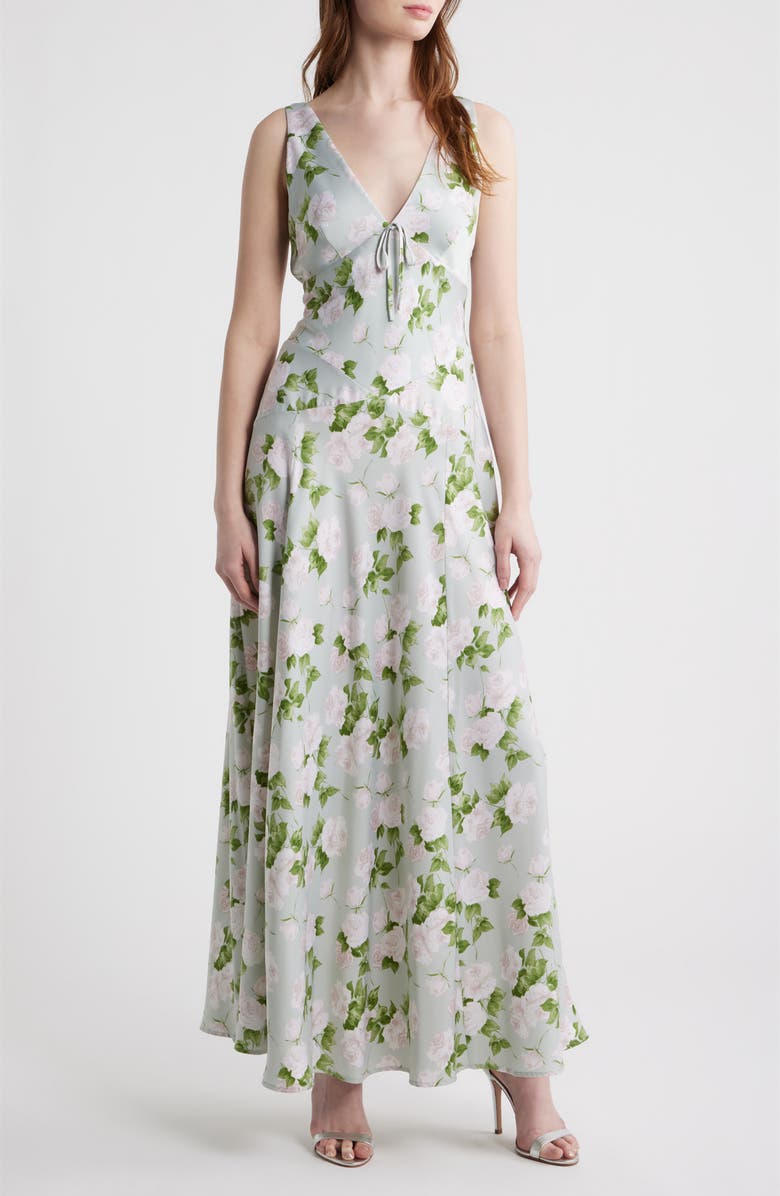 WAYF Lucasta Floral Satin Gown, Main, color, Sage Roses