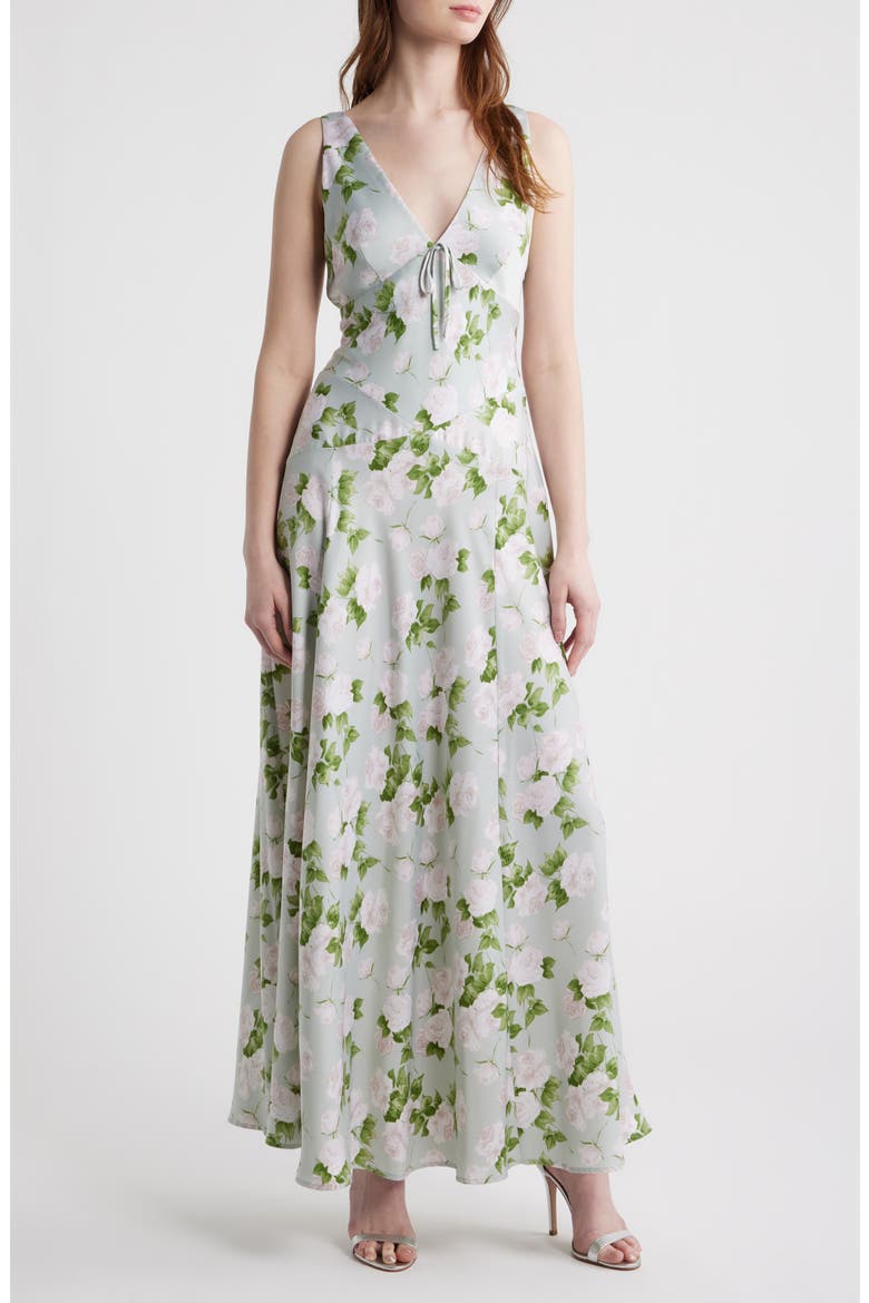 sage green floral satin dress PrettyLittleThing Women's Satin Floral Applique Underwired Strappy Maxi Dress in Sage Green