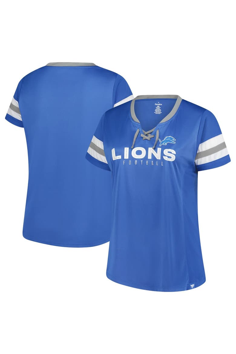 Women's Fanatics Blue Detroit Lions Plus Size Rhinestone Redzone Athena Lace-Up Notch Neck T-Shirt, Main, color, Blue