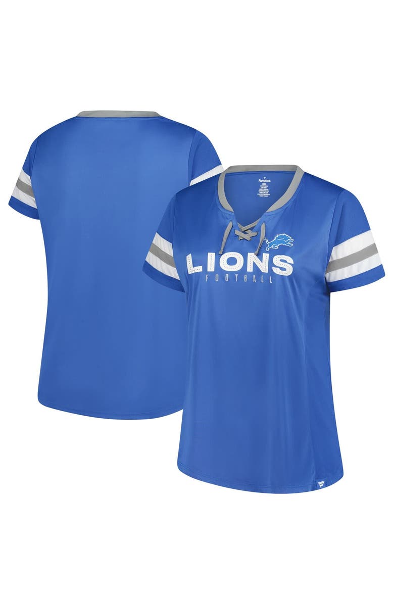 FANATICS Women's Fanatics Blue Detroit Lions Plus Size Rhinestone Redzone Athena Lace-Up Notch Neck T-Shirt, Main, color, Blue