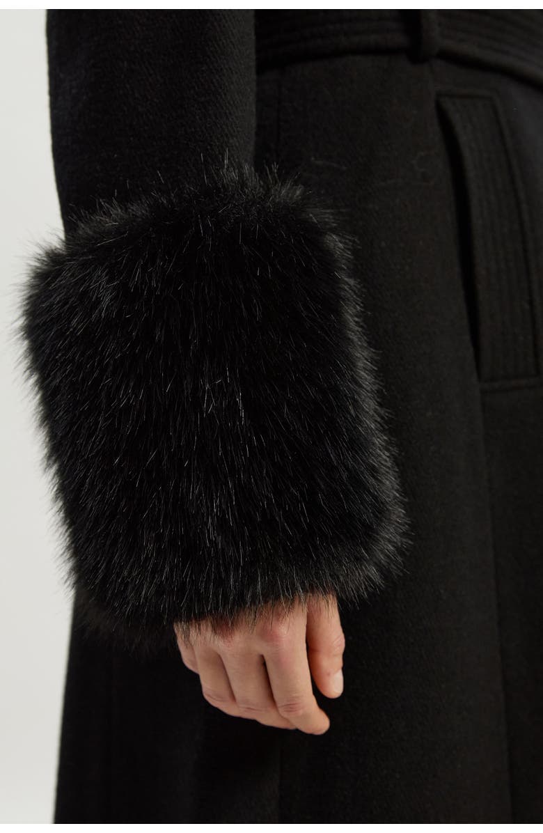 Karen Millen Wool Detachable Fur Belted Midi Coat, Alternate, color, Black