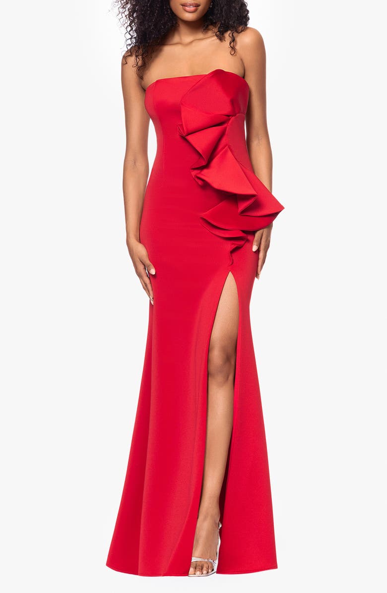 Betsy & Adam Ruffle Strapless Scuba Knit Gown, Main, color, 