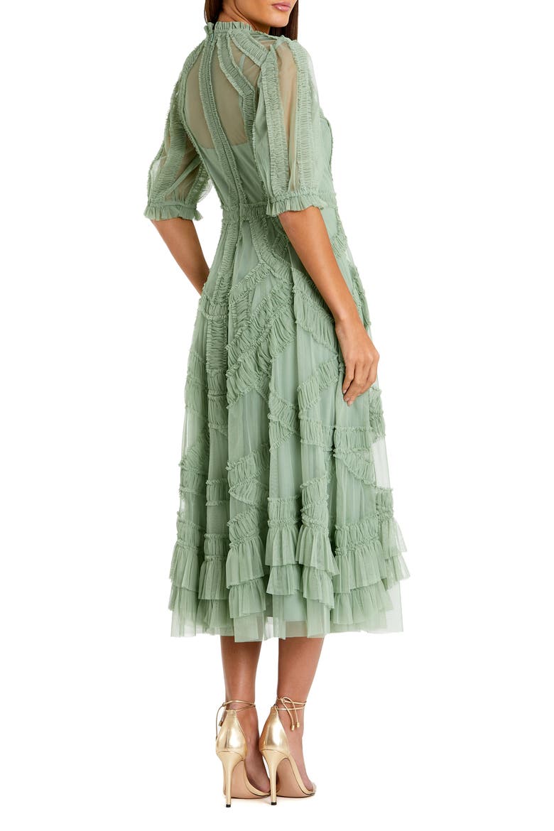 High Neck Puff Sleeve Ruffle Tiered Midi Dress, Alternate, color, Jade