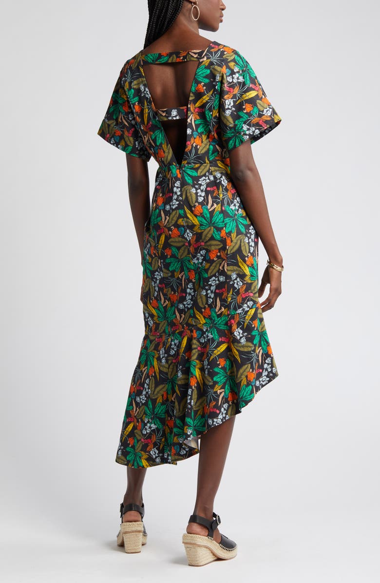 Du Paradis Floral Asymmetric Hem Dress, Alternate, color, Midnight Forest