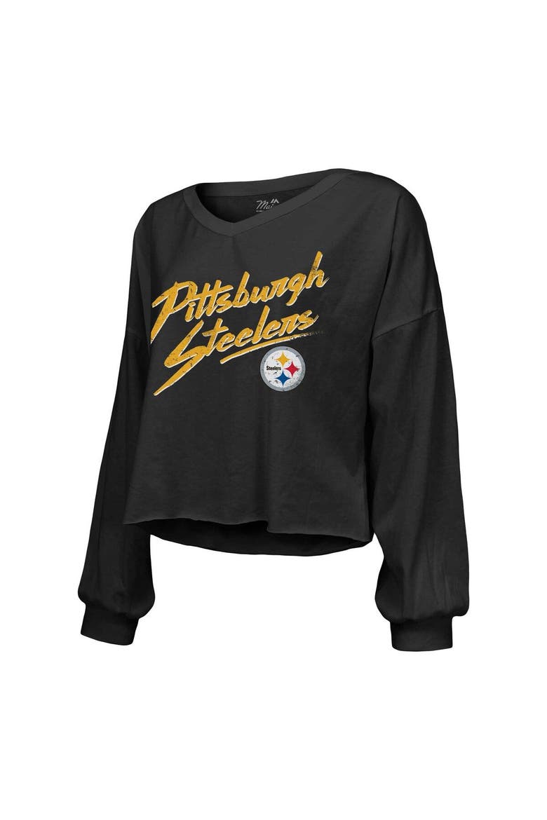 Women's Majestic Threads T.J. Watt Black Pittsburgh Steelers Name & Number Off-Shoulder Script Cropped Long Sleeve V-Neck T-Shirt, Alternate, color, Black