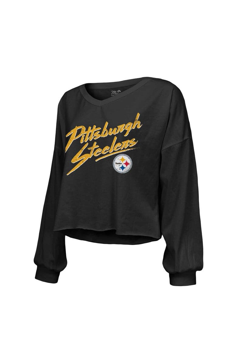 Majestic Threads Women's Majestic Threads T.J. Watt Black Pittsburgh Steelers Name & Number Off-Shoulder Script Cropped Long Sleeve V-Neck T-Shirt, Alternate, color, Black