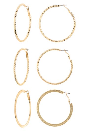 Tasha Set Of 3 Textured Hoop Earrings In Gold