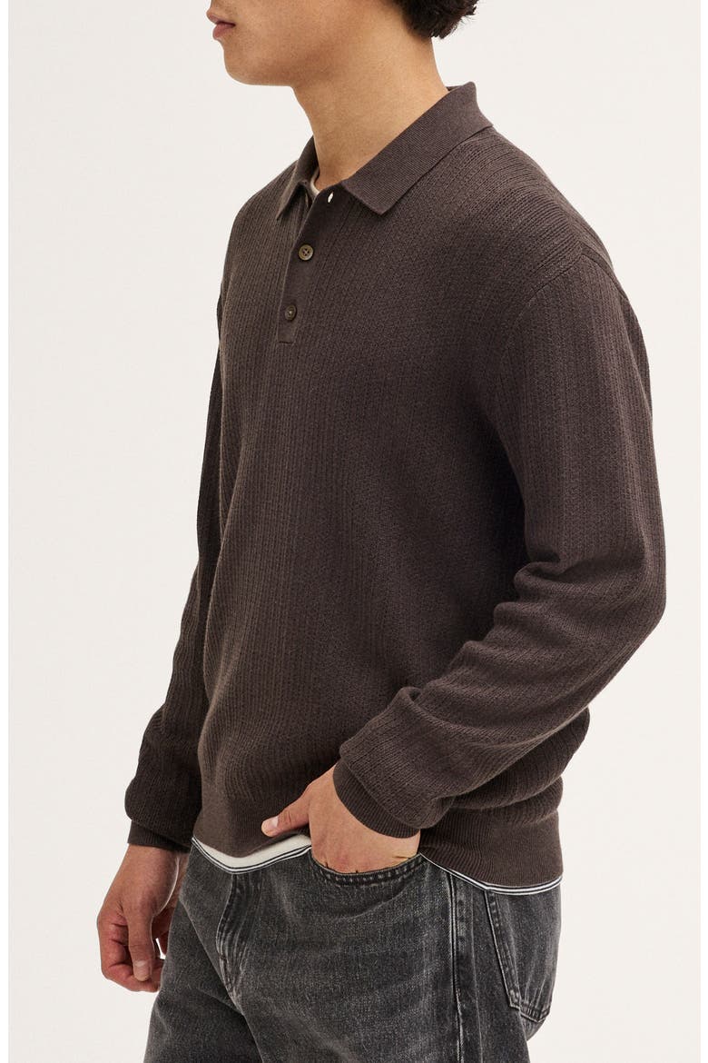 Nile Stitch Button-Up Sweater Polo, Alternate, color, DARK COCOA