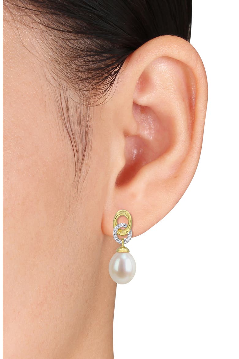 Lab Created White Sapphire and Cultured Pearl Drop Earrings, Alternate, color, WHITE GOLD