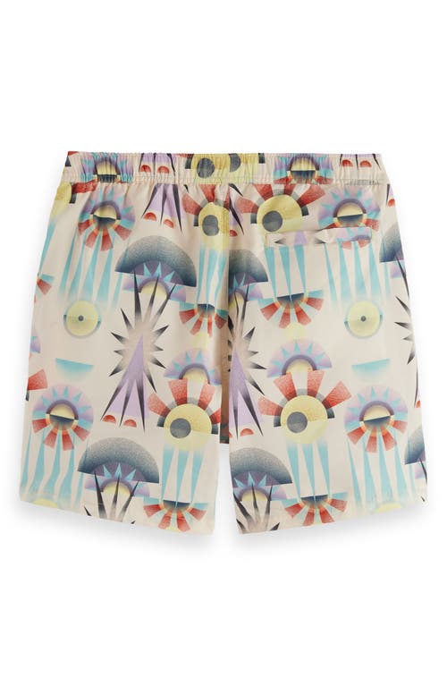 Scotch & Soda Print Mid Length Swim Trunks In Luna Pier White