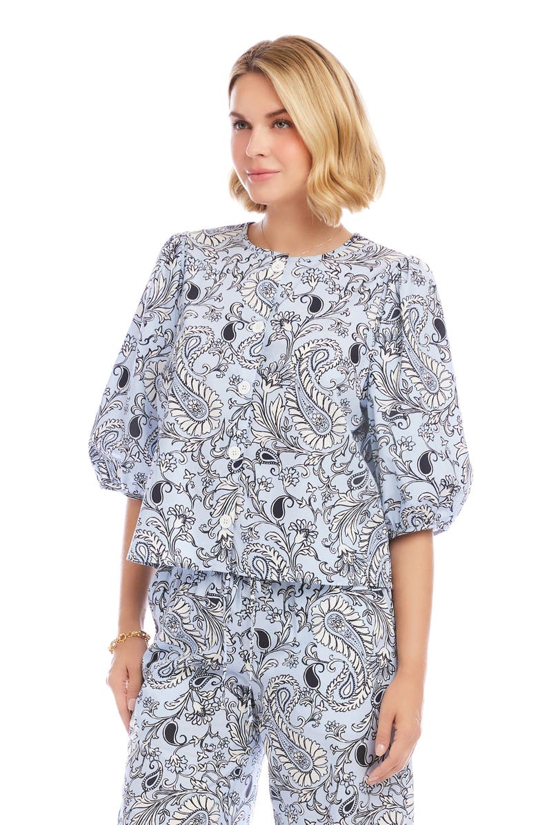 Karen Kane Puff Sleeve Button-Up Top, Alternate, color, Blue Paisley