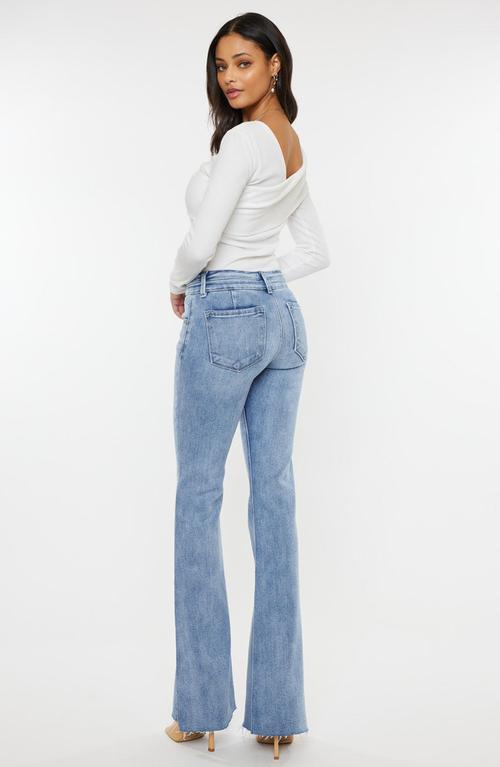 Kancan Mid Rise Double Waist Band Flare Jeans In Medium Wash In Medium Wash