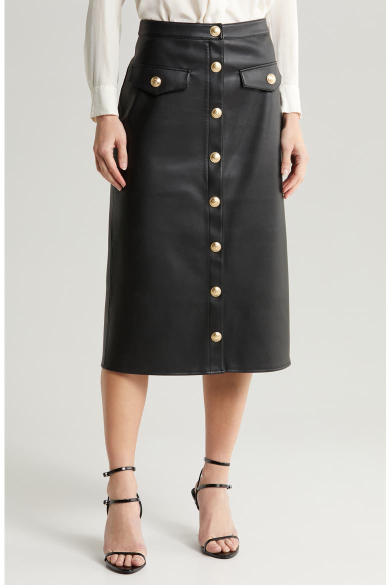 Milann Faux Leather Midi Skirt, Main, color, BLACK/ LIGHT GOLD
