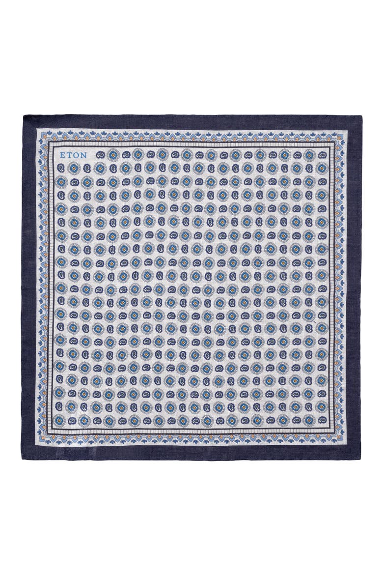 Geometric Print Linen Pocket Square, Alternate, color, NAVY