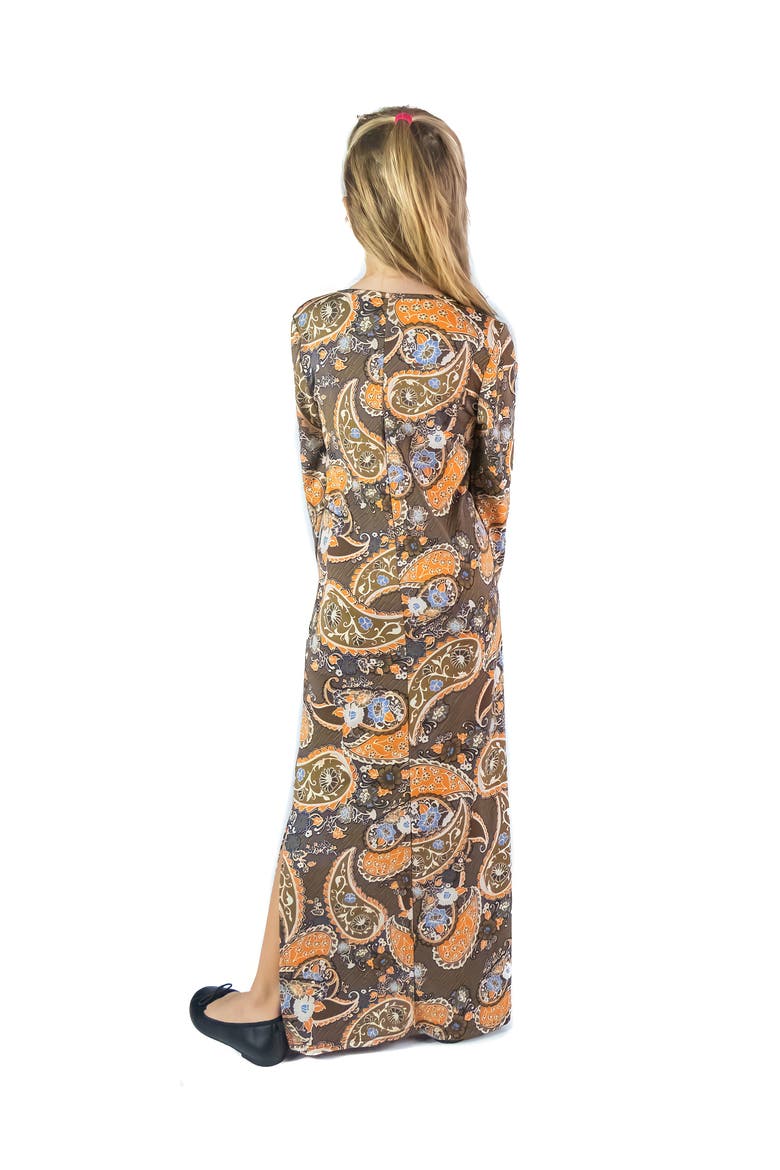 Brown Fall Print Long Sleeve Side Slit Maxi Dress, Alternate, color, Brown Multi